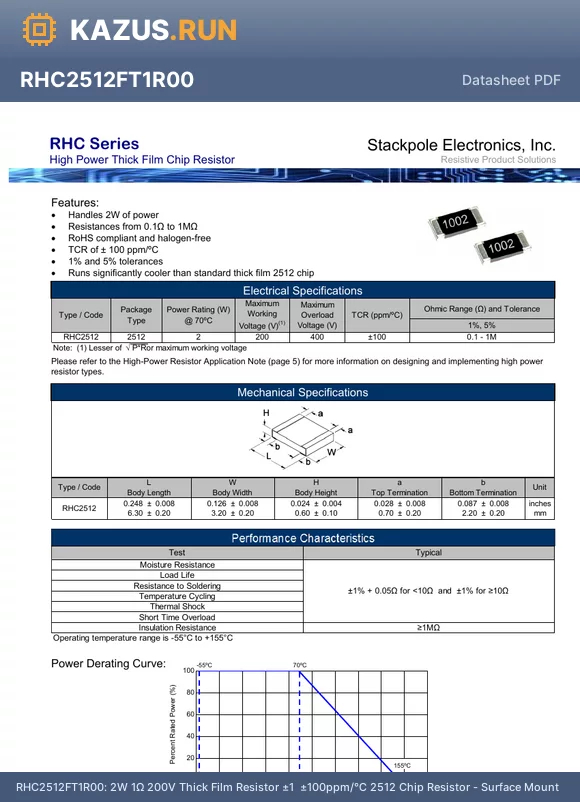 RHC2512FT412R datasheet - 2W 412Y 200V Thick Film Resistor a1% a100ppm/ 2512 Chip Resistor - Surface Mount RoHS