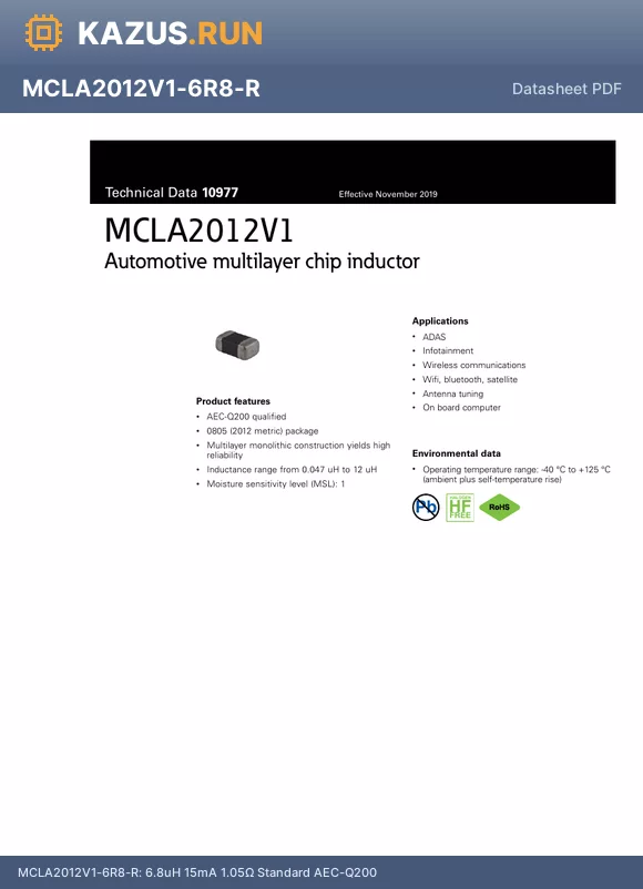 MCLA2012V1-R560-R datasheet - 560nH 150mA 600mY Standard AEC-Q200