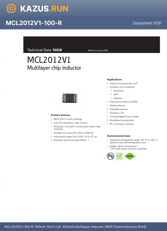 MCL2012V1-R470-R datasheet - 250mA 470nH a20% 300mY 0805 Fixed Inductors RoHS