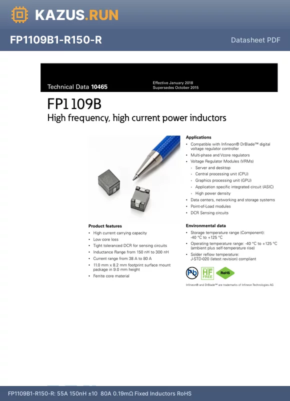FP1109B1-R180-R datasheet - 55A 180nH a10% 62A 0.19mY Fixed Inductors RoHS