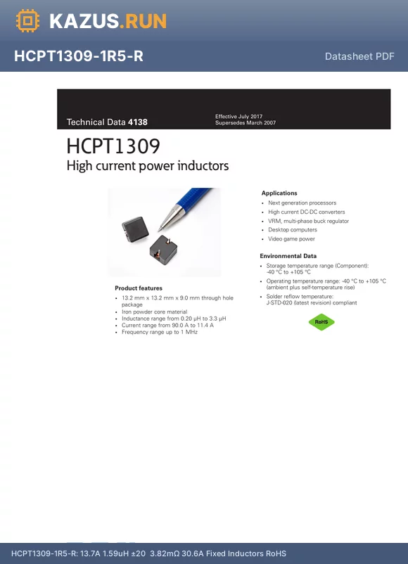 HCPT1309-R47-R datasheet - 34A 490nH a20% 55A 0.624mY Through Hole Fixed Inductors RoHS