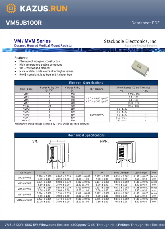 MVM3JB75K0 datasheet - 75kY 3W Metal Oxide Film Resistor a200ppm/ a5% Through Hole,P=5mm Through Hole Resistors RoHS