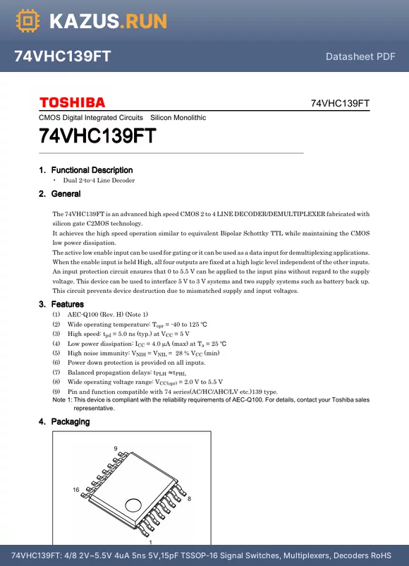 74VHC139FT datasheet - 4/8 2V~5.5V 4uA 5ns@5V,15pF TSSOP-16 Signal Switches, Multiplexers, Decoders RoHS