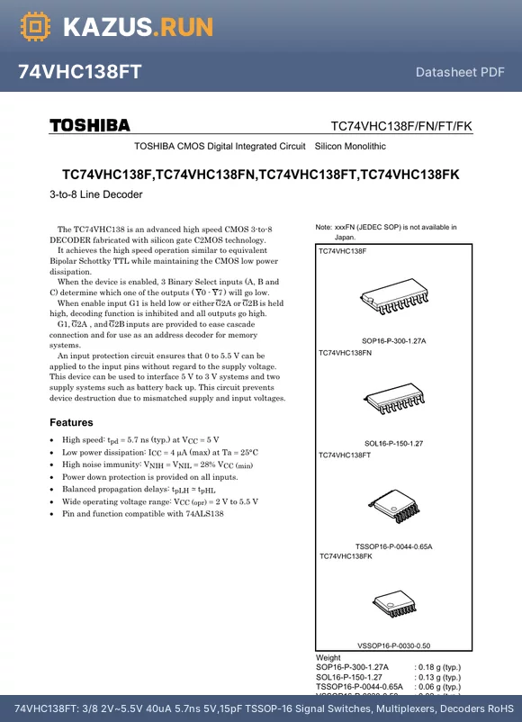 74VHC138FT datasheet - 3/8 2V~5.5V 40uA 5.7ns@5V,15pF TSSOP-16 Signal Switches, Multiplexers, Decoders RoHS
