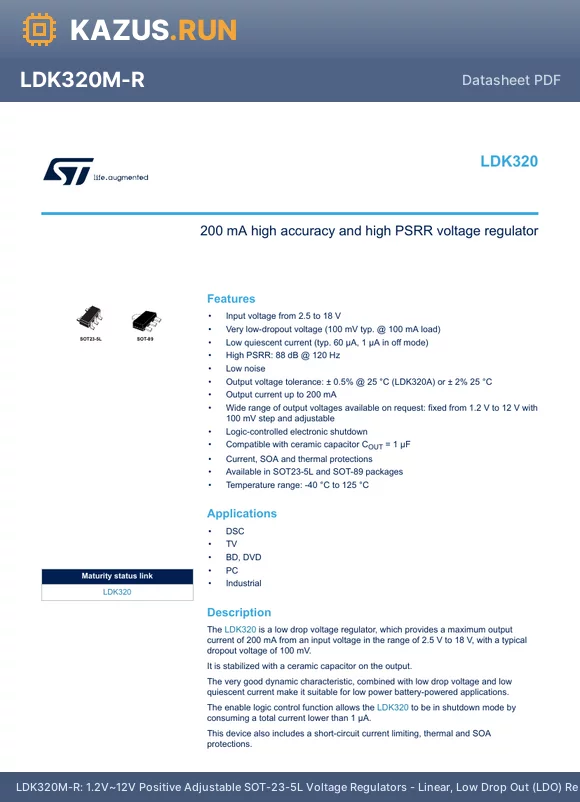 LDK320M-R datasheet - 1.2V~12V Positive Adjustable SOT-23-5L Voltage Regulators - Linear, Low Drop Out (LDO) Regulators RoHS