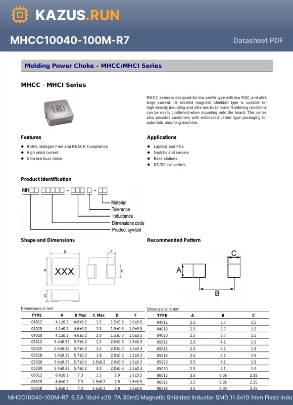 MHCC10040-R36M-R7 datasheet - 34A 360nH a20% 42A 1.2mY Magnetic Shielded Inductor SMD,11.6x10.1mm Fixed Inductors RoHS
