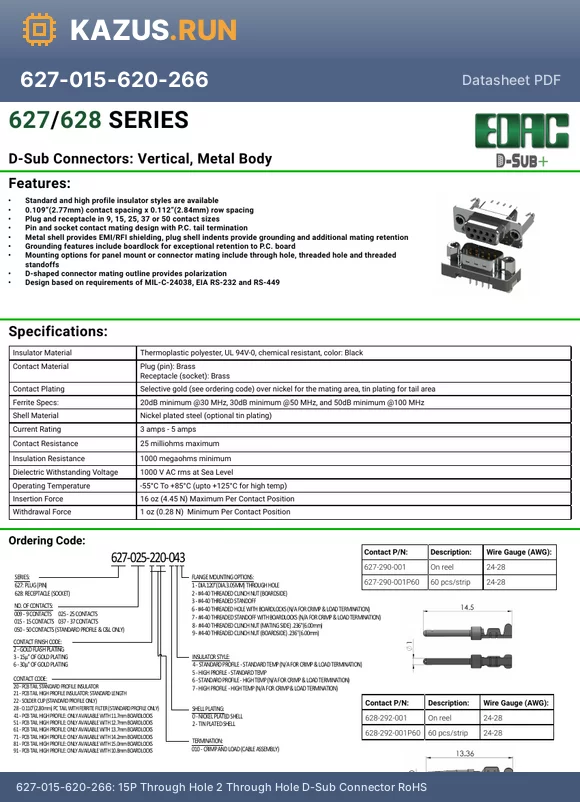 627-025-221-079 datasheet - 25P Male Through Hole 2 3A Through Hole D-Sub Connector RoHS