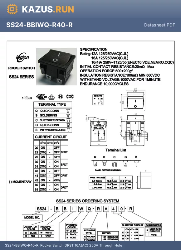 SS24-BBIWS-R40-R datasheet - Rocker Switch DPST 16A(AC) 250V Through Hole