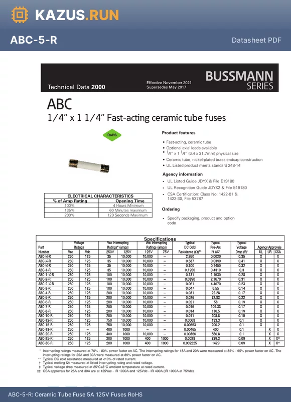 ABC-2-R datasheet - Ceramic Tube Fuse 2A 125V Fuses RoHS