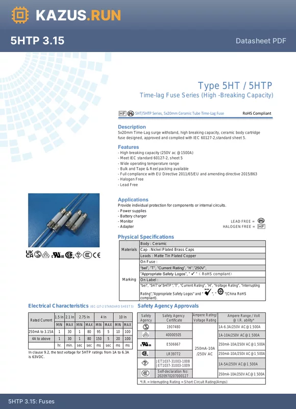 5HT 2.5-R datasheet - 1.5kA Ceramic Tube Fuse 2.5A 250V Fuses RoHS