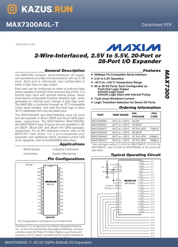 MAX7300AGL-T datasheet - 28 I2C SQFN-40(6x6) I/O Expanders 