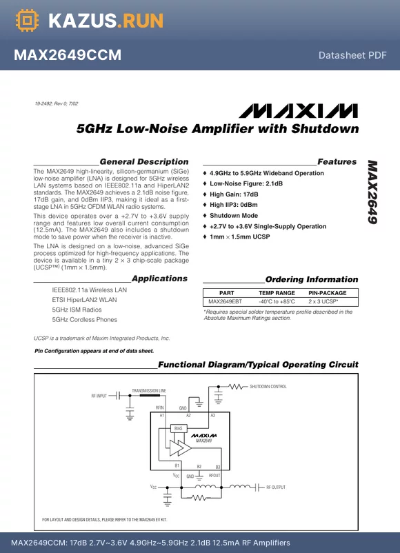 MAX2649CCM datasheet - 17dB 2.7V~3.6V 4.9GHz~5.9GHz 2.1dB 12.5mA RF Amplifiers 