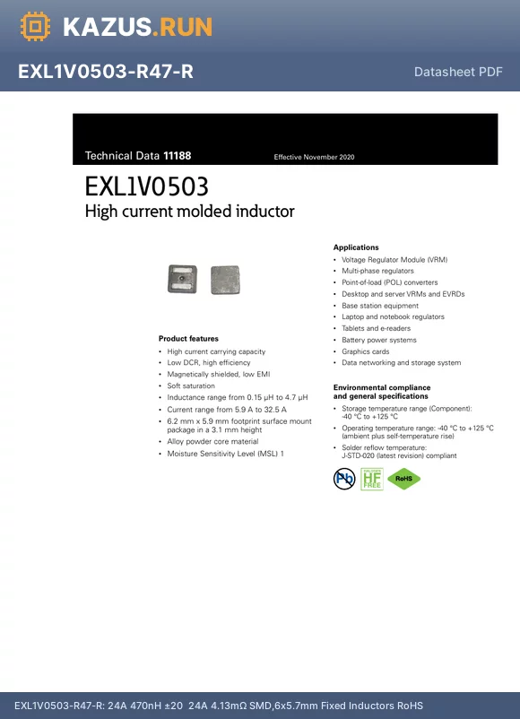 EXL1V0503-R80-R datasheet - 18A 800nH a20% 18A 5.65mY SMD,6x5.7mm Fixed Inductors RoHS