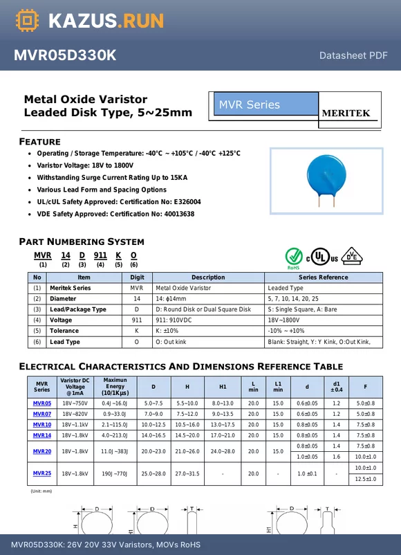 MVR05D511K datasheet - 415V 320V 510V Varistors, MOVs RoHS