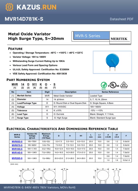 MVR05D151K-S datasheet - 125V 95V 150V Varistors, MOVs RoHS