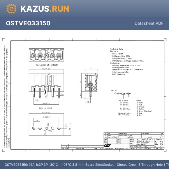 OSTVE063150 datasheet - 12A 1x6P 6P -30~+105 3.81mm Board Side/Socket - Closed Green 6 Through Hole 1 Through Hole,P=3.81mm Headers, Plugs and Sockets RoHS