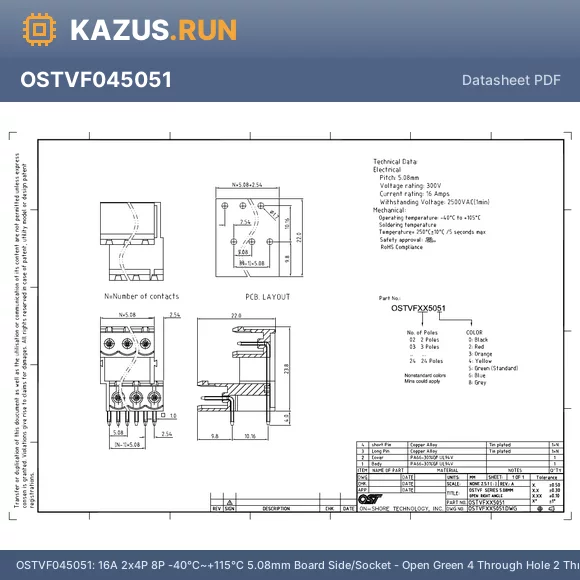 OSTVF105051 datasheet - 16A 2x10P 20P -40~+115 5.08mm Board Side/Socket - Open Green 10 Through Hole 2 Through Hole,P=5.08mm Headers, Plugs and Sockets RoHS