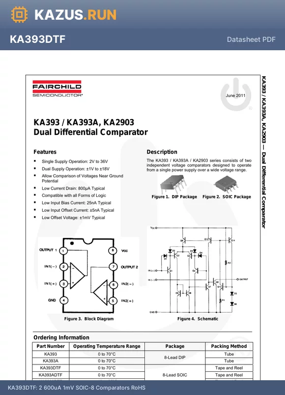 KA393DTF datasheet - 2 600uA 1mV SOIC-8 Comparators RoHS