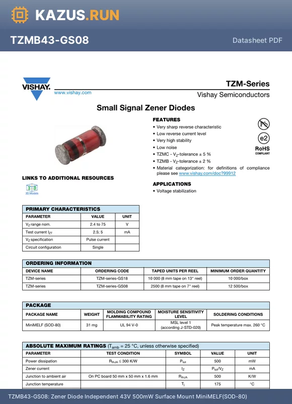 TZMB43-GS08 datasheet - Zener Diode Independent 43V 500mW Surface Mount MiniMELF(SOD-80)