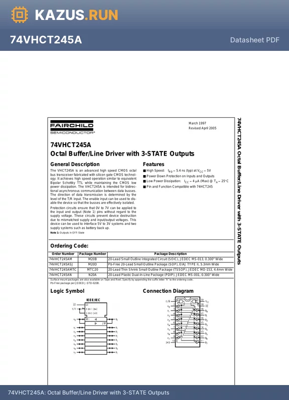 74VHCT245ASJX datasheet - 4.5V~5.5V 8 1 4uA 5.4ns@5V,50pF SOIC-20-208mil Buffers, Drivers, Receivers, Transceivers RoHS