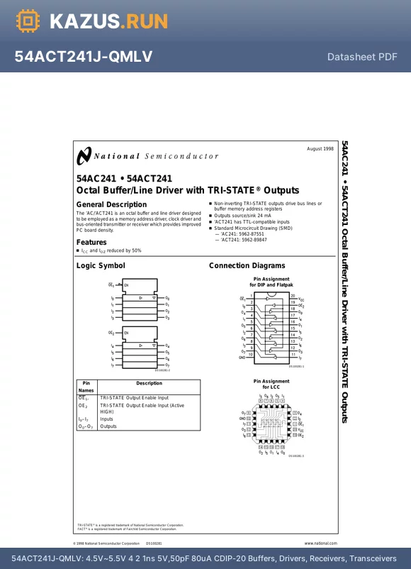 54ACT241W-QMLV datasheet - 4.5V~5.5V 4 2 1ns@5V,50pF 80uA CFP-20 Buffers, Drivers, Receivers, Transceivers RoHS