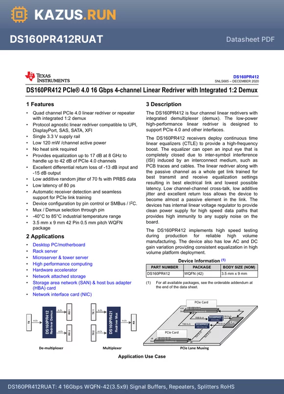 DS160PR412RUAR datasheet - Driver 4 16Gbps WQFN-42-EP(3.5x9) Signal Buffers, Repeaters, Splitters RoHS