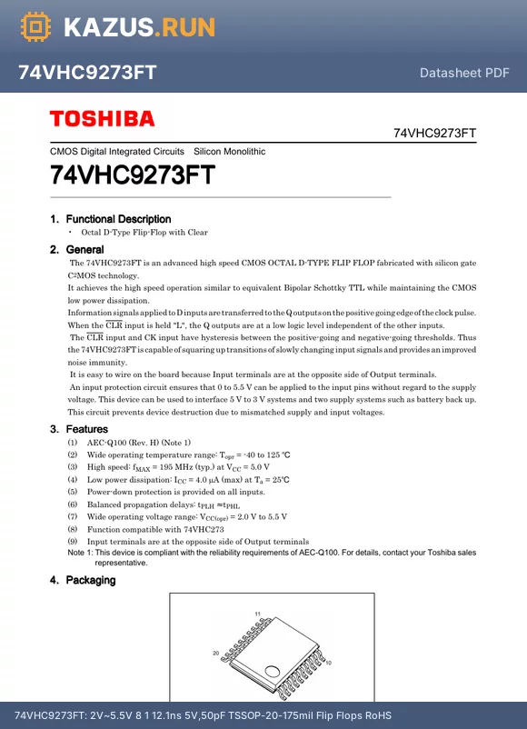 74VHC9273FT datasheet - 2V~5.5V 8 1 12.1ns@5V,50pF TSSOP-20-175mil Flip Flops RoHS