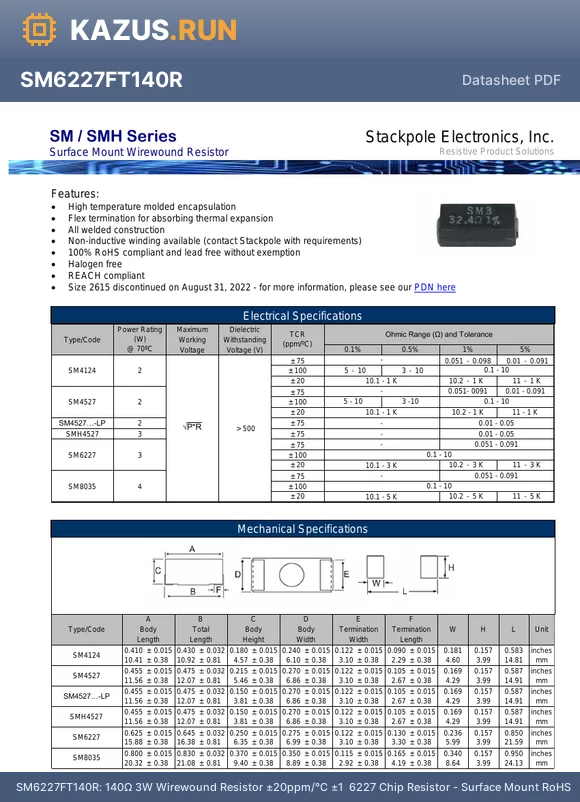 SM6227FT412R datasheet - 412Y 3W Wirewound Resistor a20ppm/ a1% 6227 Chip Resistor - Surface Mount RoHS