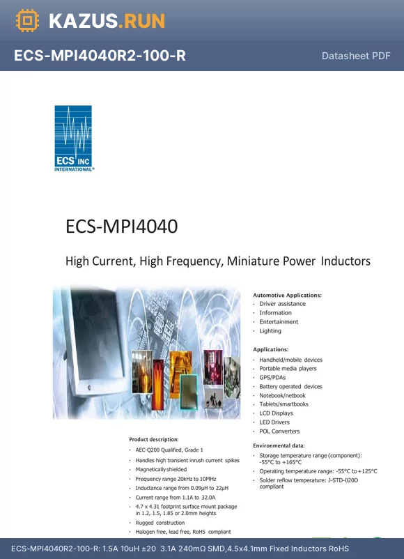 ECS-MPI4040R4-R47-R datasheet - 8.1A 470nH a20% 11.5A 8.2mY SMD,4.5x4.1mm Fixed Inductors RoHS