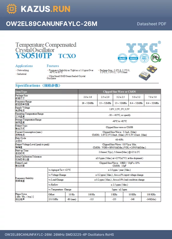 OW7EL89CANUXK7YLC-19.2M datasheet - 19.2MHz SMD2016-4P Oscillators RoHS
