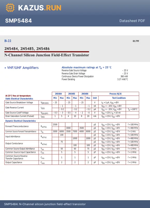 SMP5484 datasheet - 5mA 1 N-channel 360mW 25V SOT23 JFETs RoHS