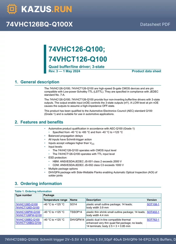 74VHC126D-Q100J datasheet - Schmitt trigger 2V~5.5V 1 4 4.7ns@5V,50pF 40uA SO-14 Buffers, Drivers, Receivers, Transceivers RoHS