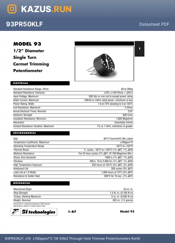 93PR50KLF datasheet - a10% a100ppm/ 1W 50kY Through Hole Trimmer Potentiometers RoHS