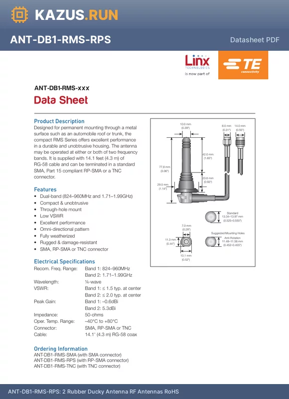 ANT-DB1-RMS-RPS datasheet - 2 Rubber Ducky Antenna RF Antennas RoHS