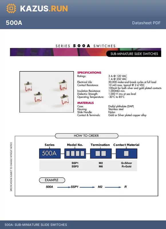 500ASSP3M2R datasheet - SUB-MINIATURE SLIDE SWITCHES