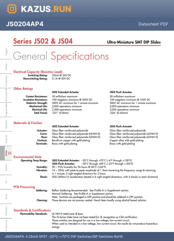 JS0208AP4-R datasheet - 8 25mA SPST -20~+70 DIP Switches/SIP Switches RoHS