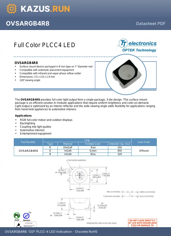 OVSARGB4R8 datasheet - 120` PLCC-4 LED Indication - Discrete RoHS