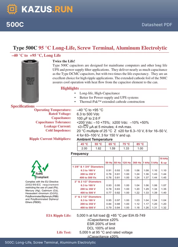 500C663U6R3AH2B datasheet - Long-Life, Screw Terminal, Aluminum Electrolytic