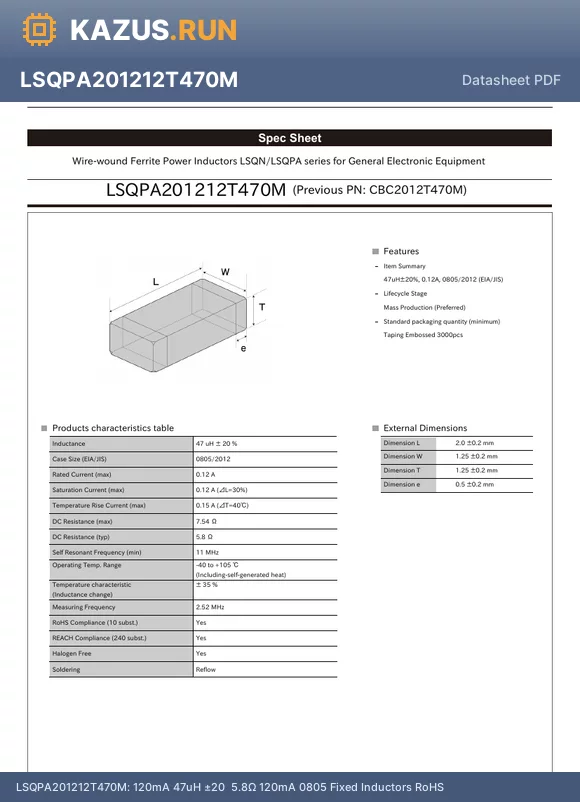 LSQPA201212T470M datasheet - 120mA 47uH a20% 5.8Y 120mA 0805 Fixed Inductors RoHS