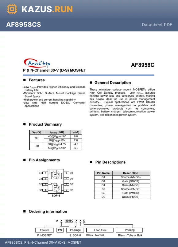 AF8958CSA datasheet - P & N-Channel 30-V (D-S) MOSFET