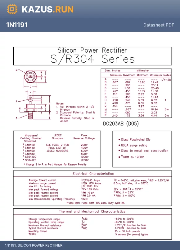 1N1196 datasheet - SILICON POWER RECTIFIER