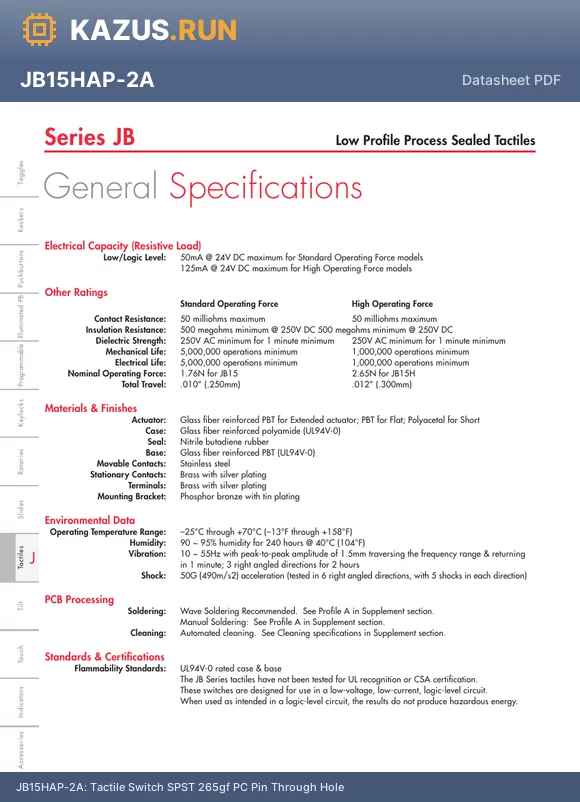 JB15HKP-1B datasheet - Tactile Switch SPST-NO 265gf PC Pin Through Hole