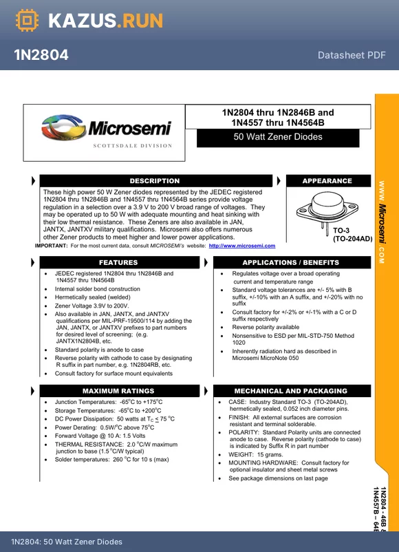 1N2834 datasheet - 50 Watt Zener Diodes