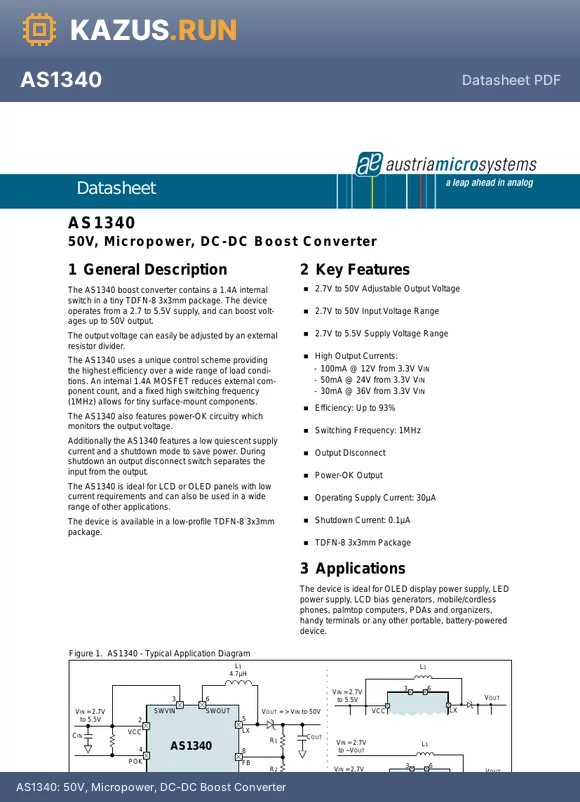 AS1340 datasheet - 50V, Micropower, DC-DC Boost Converter