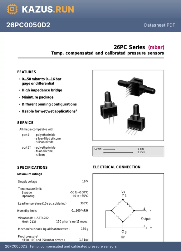 26PC0050G2 datasheet - Temp. compensated and calibrated pressure sensors