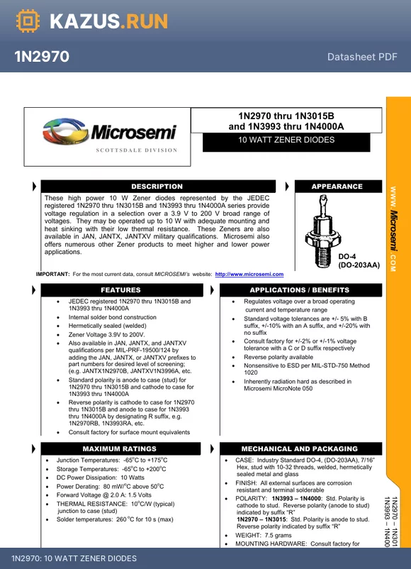 1N2988RB datasheet - 10 WATT ZENER DIODES
