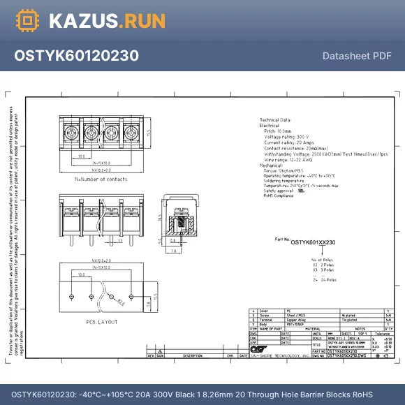 OSTYK60115230 datasheet - -40~+105 20A 300V Black 1 15 Through Hole Barrier Blocks RoHS