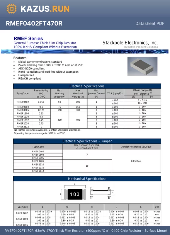 RMEF0402FT412R datasheet - 63mW 412Y Thick Film Resistor a100ppm/ a1% 0402 Chip Resistor - Surface Mount RoHS