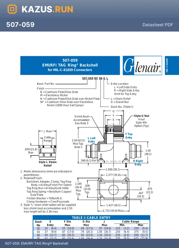 507-059M06GL datasheet - EMI/RFI TAG Ring^ Backshell