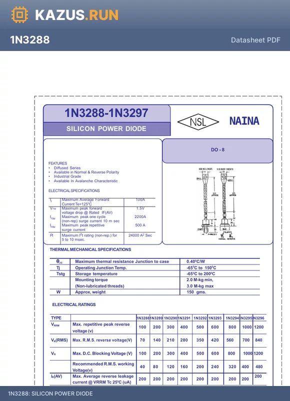 1N3291 datasheet - SILICON POWER DIODE